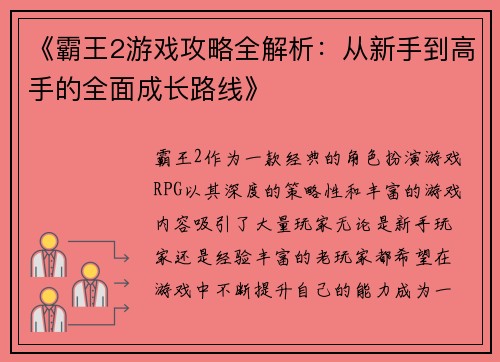 《霸王2游戏攻略全解析：从新手到高手的全面成长路线》